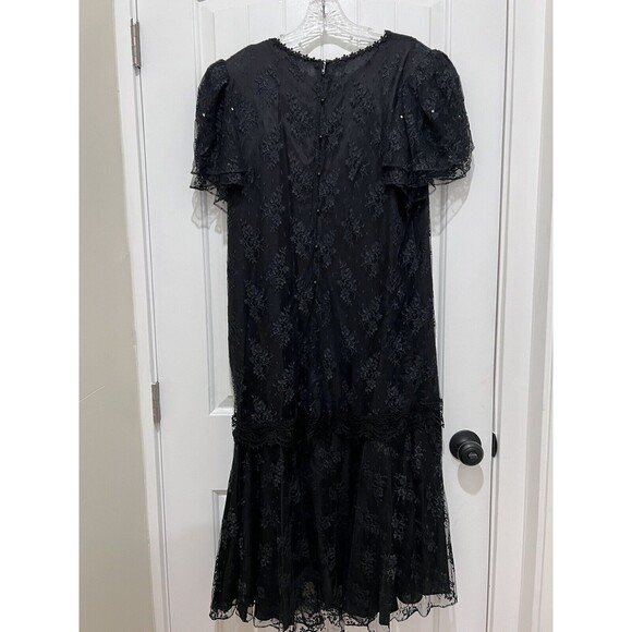 VTG USA 80's Maya Jornot for Michael Marcella Black Lace Pearl Sequin Dress 16 - Picture 2 of 8